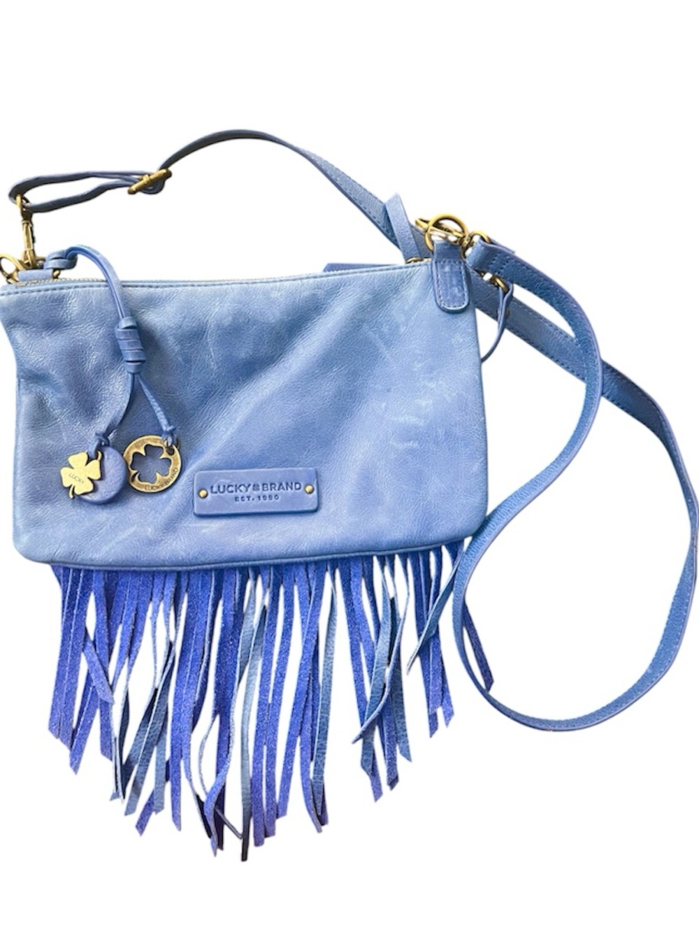 Lucky Brand Light Blue Leather Fringe Crossbody with Clover Hardware Accents
